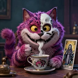 Cheshire Cat drinking tea, Death Tarot card,highly detailed,half skull face,cinematic,8k,by Stanley Artgermm,Tom Bagshaw,Greg Rutkowski,Carne Griffiths, Ayami Kojima, Beksinski, Giger,trending on DeviantArt,hyper detailed,horror, full of colour