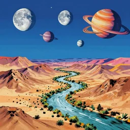 the chihuahuan desert, surrounded by hills, a river flows through the valley, 2 moons and 5 planets fill the sky, pop art, highly detailed.