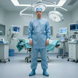 ultra realistic and intricate detailed portrait photograph of a futuristic surgeon, standing inside operating room, full length, doctor, medicine, healthcare, technology, innovation, bright modern style, depth of field, ambient lighting, award winning, magazine cover