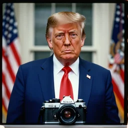 portrait of donald trump as united states president, blue suit and a red tie looking intensely at the camera, taken by steve mccurry, kodachrome 6 4 color slide film, with a nikon fm 2 camera and nikkor 1 0 5 mm ai - s f 2. 5 lens