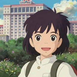 anime fine details portrait of joyful school girl stay in front of big post soviet city buildings, nature, bokeh, close-up, anime masterpiece by Studio Ghibli. 8k, sharp high quality classic anime from 1990 in style of Hayao Miyazaki synthwave