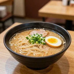high res bowl of ramen noodles sitting on a table in a restaurant 4k