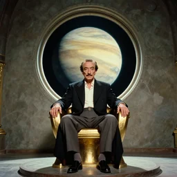 salvador dali as emperor sits on gold futuristic chair in front of huge central porthole in which venus planet is visible | still frame from the movie by alejandro jodorowsky with cinematogrophy of christopher doyle and art direction by hans giger, anamorphic lens, kodakchrome, 8 k