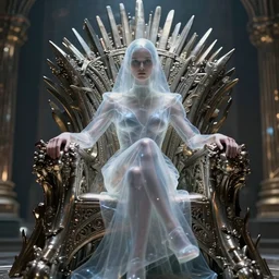 semi - transparent obscure high fashion model sitting on an intricate metal throne, fantasy sci - fi, majestic lighting, metallic, 2 0 0 mm focus, bokeh
