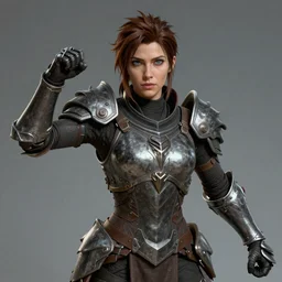 hyper detailed ultra sharp full body character portrait of a woman wearing hextech armor, in the style of arcane tv show, muted colors, action pose, cinematic lighting, good value control, realistic face details, realistically rendered eyes, photorealistic eyes, smooth, 3 d cgi, realistic shading, john singer sargent