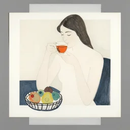 beautiful lady, drinking tea, fruit basket, painting, abstract, clean shapes, print, litography pastel colors, ink lines, markus gunnar, konstfack
