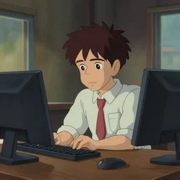 a wholesome animation key shot of tired office worker looking at his computer in a 9 0's style of office, medium shot, waist up, studio ghibli, pixar and disney animation, sharp, rendered in unreal engine 5, anime key art by greg rutkowski, bloom, dramatic lighting