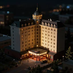 tilt shift photography, extreme dof, miniature interior of the overlook hotel from the shining