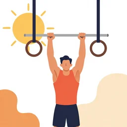 stylized vector graphic of man doing pullups using gymnastic rings!!! in the sun, warm colors, white background, abstract, trending on artstation