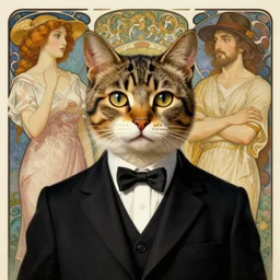 socialist realism propaganda poster portrait of a cat wearing a black suit, socialist realism, highly detailed, intricate, digital painting, artstation, sharp focus, illustration, art by jakub rozalski, greg rutkowski, artgerm, tan zi and ayanamikodon and alphonse mucha and wlop