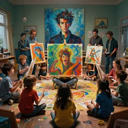 crazy dumbest kids in kindergarten among big painting and ai artist in center of room, cinematic moody colors, realistic shaded lighting poster by ilya kuvshinov, magali villeneuve, artgerm, jeremy lipkin and michael garmash and rob rey