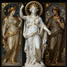 saint Woman, Venus, Athena, queen, by Annie Swynnerton and Nicholas Roerich and jean delville, strong dramatic cinematic lighting , ornate headdress , flowing robes, lost civilizations, smooth, sharp focus, extremely detailed, marble, stars, gold, space