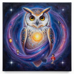 a beautiful painting of a owl cosmic dmt entity of the upper planes by mynameistran and artgerm and wlop and loish and alex grey and wlop and wes anderson and spike jonze, trending on artstation, loving and forgiving, wrapped in cosmic infinity