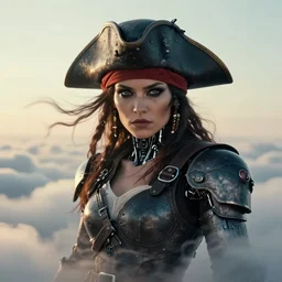 symmetry!! closeup! of a pirate biker girl, cyborg armor, in clouds, cinematic light, windy, sunrise, by gerald brom, by mikhail vrubel, by peter elson, muted colors, extreme detail, trending on artstation, 8 k