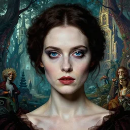 realistic detailed closeup portrait movie shot of an beautiful elegant zombie, futuristic forest with a church in background by jean deville, amano, yves tanguy, denis villeneuve, ernst haeckel, alphonse mucha, max ernst, caravaggio, roger dean, masterpiece, rich moody colours, blue eyes