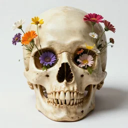 a digital art of a skull with a beautiful assortment of colorful flowers growing out of the eye holes and nostril holes, art nouveau photography, studio lighting