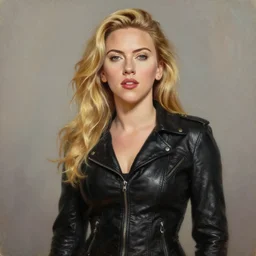 a very beautiful oil painting of scarlett johansson wearing a tight black leather jacket with very very very very long blond hair, very aesthetic and attractive, portrait, trending on artstation