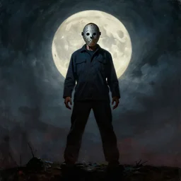 very dramatic sky, close portrait, centered jason voorhees standing on a hill, powerful pose, scary, horror, giant moon, dramatic sky, shadows on side, cinematic, side light, backlighting, oil painting by frazetta