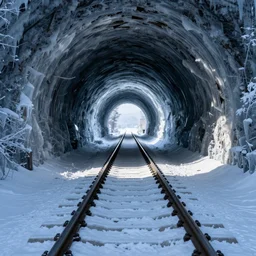 railway tracks through a tunnel made from ice and snow