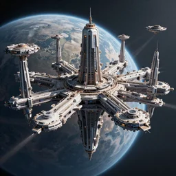 an epic 3 d render of a massive sifi space colony on planet orbit, by fckrender, trending on artstation