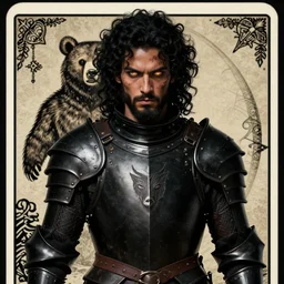 portrait of a sexy male warrior in simple black plate armor, scars, bear motif, face details, black curly hair, beard, dark skin, honey eyes, badass, dark fantasy, sharp focus, award - winning, masterpiece, highly detailed, intricate, by rebecca guay, rossdraws, tarot card border