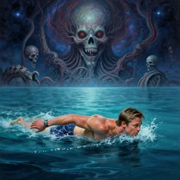 brad pitt swimming in the ocean depths, cosmic horror painting, elegant intricate digital painting artstation concept art by mark brooks and brad kunkle detailed