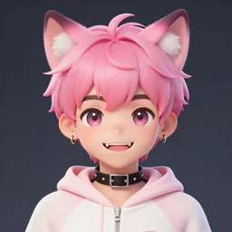 cute boy with pink hair and pink wolf ears, smiling, fangs, piercings, wearing collar and onesie, artstation, artistic