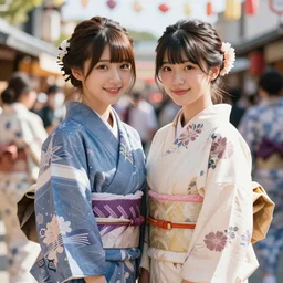 two beautiful fashion taiwan girls wear elegant yukata in festival | | big eyes, sunny, realistic shaded, smile, good looking, fine details, 4 k realistic, cryengine, realistic shaded lighting poster by greg rutkowski, magali villeneuve, artgerm, jeremy lipkin and michael garmash and rob rey