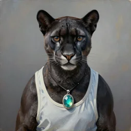 a portrait of a humanoid black puma wearing a tank top and a necklace with a glowing stone, painting by Rolf Armstrong
