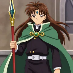 teen fantasy boy in cloak with a staff with long brown hair covering a gem imbed on his forehead in a fantasy setting, tsubasa chronicles style, anime style
