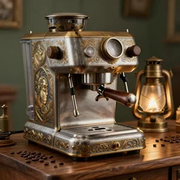 steampunk espresso machine with a soul, on a wooden table, cofee beans on table, intricate detail, hyper detailed, ultra realistic, sharp focus, smooth, octane render, lantern, volumetric, ray tracing, artstation trending, cgsociety, sense of awe, mystical, by alphonse mucha, midsommar 4 k