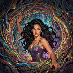 a beautiful Morena Baccarin with long dark hair, going through a portal between worlds, intricate, highly detailed, digital painting, artstation, official media, anime key visual, concept art, rich vivid colors, ambient lighting, sharp focus, illustration, art by Artgerm, Makoto Shinkai, Ilya Kuvshinov, Lois Van Baarle, and Rossdraws