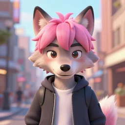 portrait of a cute male anime wolf with pink hair and pink wolf ears and freckles stylish clothes in a city in the style of zootopia, volumetric lighting, subsurface scattering, photorealistic, octane render, random artists
