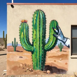 : illustrated cactus spray painting graffiti wearing gloves in the dessert