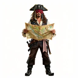 masked pirate with treasure map, high detail digital art, full body, standing, isolated on a pure white background, centered, whole figure in frame, sharp focus, studio lighting