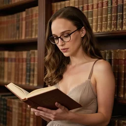 beautiful woman with glasses and long brown hair studying a book, natalie portman, wearing underwear : : old world library, rows of books : : elegant, beautiful, photo realistic, 8 k, artstation