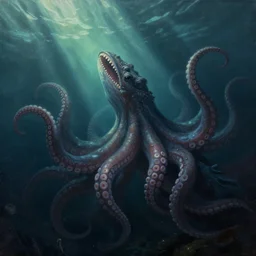 A matted painting of a sea monster with many tentacles, on an underwater environment with expansive views of space, inspired by greg rutkowski and Keith Mallett, digital art, extremely moody lighting, glowing light and shadow, atmospheric, shadowy, cinematic