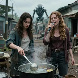 she makes the deep boil. dark fantasy story about two casually - dressed women in a dirty seaside town, a globster, and a beautiful song. color cinematic still from an action - packed 2 0 1 1 violent! alien - robot invasion science - fiction blockbuster movie ; highly - detailed.