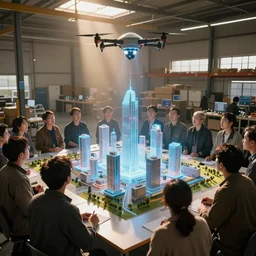 large group people in a warehouse, looking at hologram of futuristic city on a table, cinematic concept art, godrays, golden hour, natural sunlight, 4 k, clear details, tabletop model buildings, tabletop model, hologram center, drone perspective