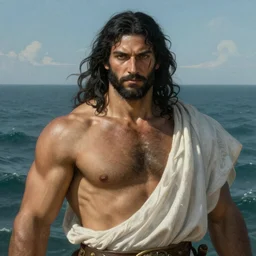 painted portrait of rugged godly man in the ocean, god of war, black hair, masculine, powerful, handsome, upper body, white robe, muscular, extremely hairy torso!, fantasy, intricate, scar across eye, highly detailed!!, digital painting!, artstation, concept art, smooth, sharp focus!!!, illustration, art by leonardo da vinci