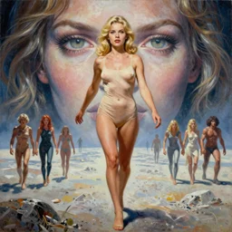 a mixed media painting of one very beautiful blonde woman fleeing from a distant colossal creature on a faraway planet, elegant, aesthetic!!! symmetrical face and eyes, piercing gaze, sixties pinup, photorealistic, curvy, model, epic sci - fi art, full length, tasteful, safe for work, covered, by frank frazetta, donato giancola, boris vallejo, beeple, greg rutkowski, christian macnevin, high fantasy, prometheus, cgsociety, exquisite detail, post - processing, masterpiece, cinematic