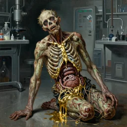 realistic Gustave Courbet painting of a zombie with body made guts and veins dripping golden shiny metalic cascade fluid from ribcage on the floor of sci-fi laboratory