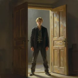 one huge door opens front of a man, concept art