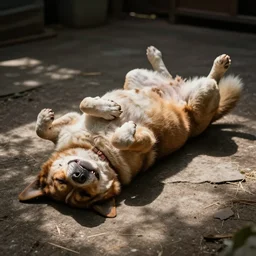 extremely obese dog lying on its back,