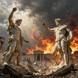 giant greek statues attacking a city, city destruction, ruins, debris flying around, swirls of fire