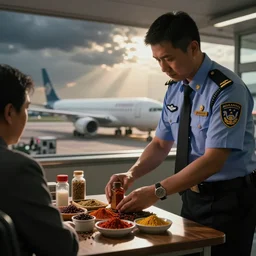 airport authorities seizing spices from a passenger, satire, dramatic, hyperdetailed, cinematic lighting