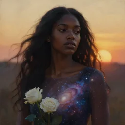 oil painting close up portrait of a contemplative young black woman with long flowing hair in a dress made of nebular stardust galaxies, with white roses at sunset, hazy, digital art, chiaroscuro, artstation, cinematic, golden hour, concept art, digital art painting by greg rutkowski, william - adolphe bouguereau, hazy atmosphere, cinematic lighting