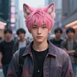 portrait of a cute male anime boy with pink hair and pink wolf ears and freckles stylish clothes in a city | | highly detailed digital art painting by cory loftis, fenghua zhong, ryohei hase, ismail inceoglu and ruan jia. artstation, pinterest, volumetric lighting, subsurface scattering, photorealistic, octane render, random artists