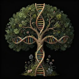 beautiful human dna strand! as fantasy tree of life!, enchanted botany illustration, dark background, by marianne north, by android jones, digital matte painting, very coherently symmetrical