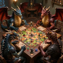 four dragons sitting at a table in a comfortable room in the basement, dragons playing a roleplaying game, game board, dice, dragons playing d & d